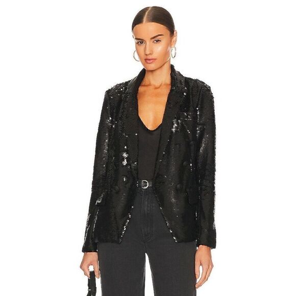 L'Agence Women's Black Kenzie Double Breasted Sequin Matte Blazer Size 6